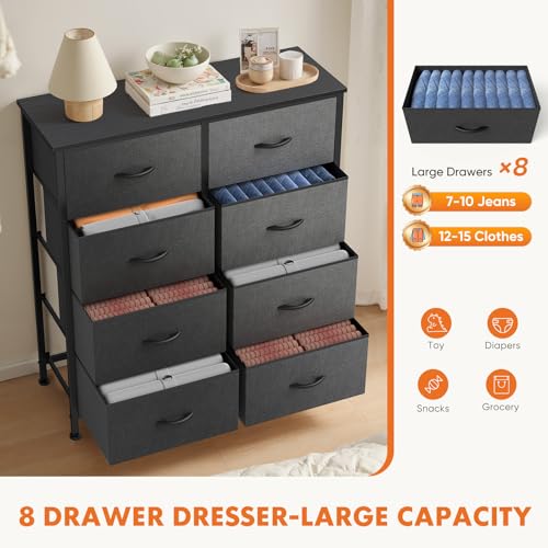 Sweetcrispy 8 Drawer Dresser with Fabric Bins Fabric Storage Tower Organizer for Bedroom Closet Hallway Entryway Tall Chest of Drawers with Steel Frame Wood Top Easy Pull Handles,Grey Sweetcrispy