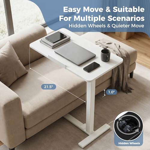DUMOS Adjustable Overbed Bedside Table with Hidden Wheels, Mobile Standing Desk with Pneumatic Lift, Portable Computer Workstation Cart for Bed, Couch, Office, Sofa, White DUMOS