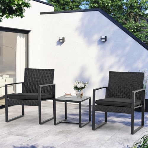 JOIVI 3 Pieces Patio Bistro Set, PE Wicker Outdoor Patio Furniture Set, Modern Rattan Patio Chairs with Coffee Table, Patio Conversation Sets for Balcony, Front Porch, Garden, Poolside, Black Cushions JOIVI