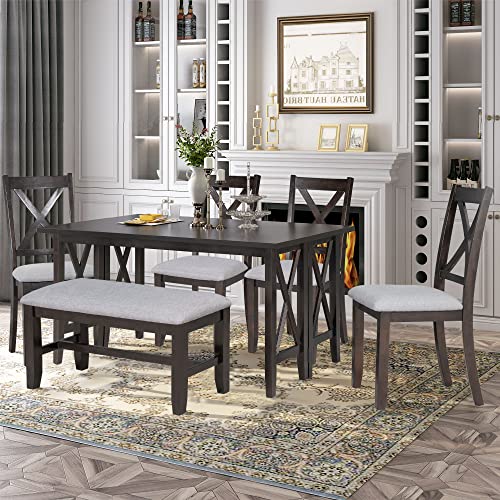 6 Pieces Dining Table Set with Bench, Wood Rectangle Table, 4 Chairs and Bench with Cushion, Kitchen Table Chairs Set for 6 Persons (Espresso) Merax