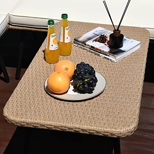 YITAHOME 4 Pieces Patio Furniture Set, Outdoor Rattan Woven Conversation Sectional L-Shaped Sofa with 5 Seater for Backyard, Porch, Boho Detachable Lounger with Cushions and Side Table - Beige YITAHOME