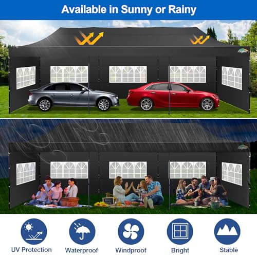 COBIZI 10x30 Pop up Canopy Tent 10x30 Canopy with 8 Sidewalls Waterproof Heavy Duty Commercial Canopy Tent for Parties Outdoor Tent Garden Gazebo Tent, Carry Bag with Wheel(10x30ft,Black) COBIZI