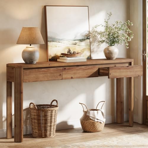 TRIBEWOOD Solid Wood Console Table with 3 Drawers, 63" Long Entryway Table with Rounded Corners, Narrow Sofa Table Behind Couch, Farmhouse Accent Table for Entrance, Hallway, Living Room, Rustic Brown TRIBEWOOD