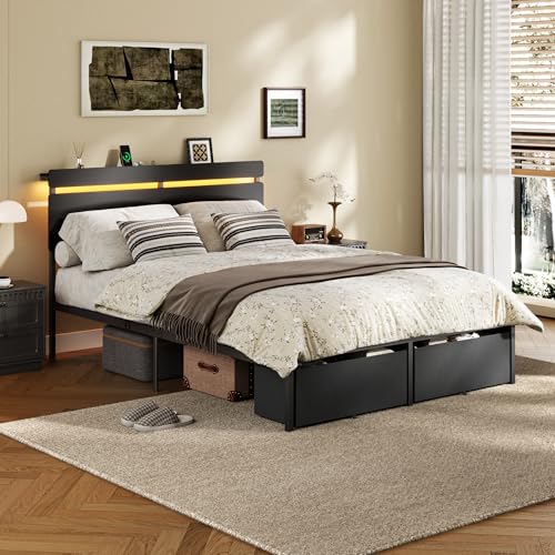 Forestell Full Size Bed Frame with Wood Headboard, Black Platform Bed with 2 Storage Drawers & Shelf, Built in Charging Station & LED Lights, Metal Support, No Box Spring Needed, Camas Full Forestell