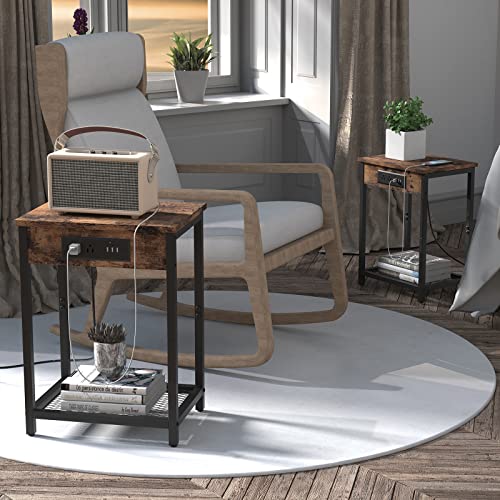 CADUKE Nightstand with Charging Station, Small Bedside Table with USB Ports and Power Outlets, Industrial Brown Side Table for Bedroom, Living Room, Farmhouse CADUKE