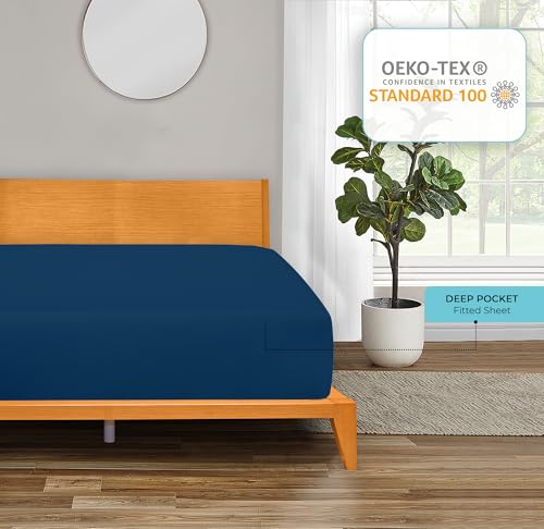 Royale Linens Fitted Sheet Queen - Ultra Soft 1800 Brushed Microfiber - Hotel Luxury Bottom Sheets - Wrinkle Free & Fade Resistant - Deep Pocket Fitted Sheet Only (Queen, Navy) ROYALE LINENS