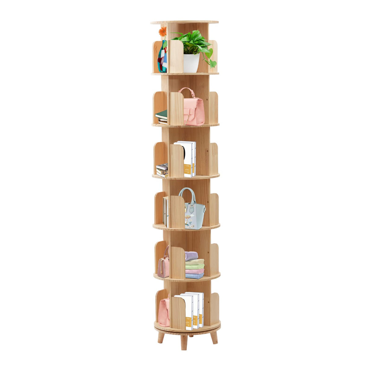 Stylish 6-Tier Rotating Wooden Bookshelf - 360° Floor-Standing Organizer for Home and Study Gdrasuya10