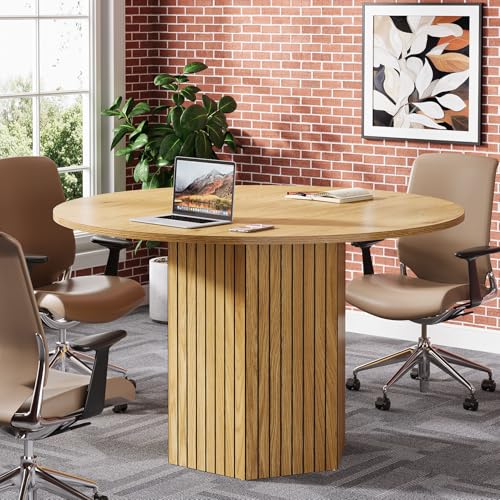 Tribesigns Round Conference Table, 47-Inch Wood Modern Meeting Table for 4-6 People for Conference Room, Meeting Room, Office, Business, Training, Seminar, Light Brown Tribesigns