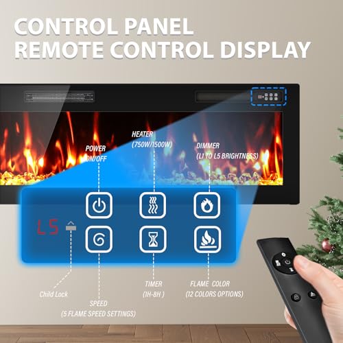 BREEZEHEAT 72 Inch Ultra Thin Electric Fireplace-Narrow Bezel Linear Fireplace Heater Recessed Wall Mounted, Remote Control, Touch Screen, 750W/1500W, 8H Timer for Living Room, Bedroom, Office BREEZEHEAT