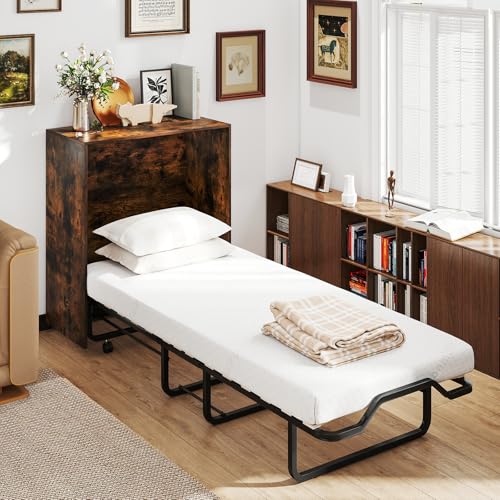 Giantex Murphy Bed Cabinet with Mattress Included, 74" x 31" Cot Size Fold Out Bed with Storage & Lockable Wheels, Metal Frame, 2 in 1 Roll Away Bed with Mattresses for Adults Guests Giantex