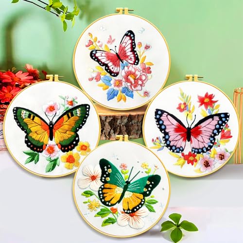 Zhenqing Butterfly Embroidery Kit 11.4x11.4 Inch - Complete Embroidery Set with Fabric, Threads, Needles & Hoop - Beginner-Friendly DIY Craft Kit for Adults (C0040)