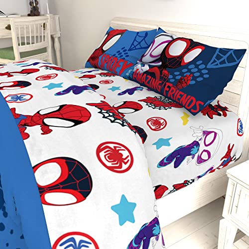Jay Franco Kids Sheet Set with Fitted, Flat Sheets & Pillow Cover - Ultra-Soft Bedding with Pillowcase for Room Decor, White - Spidey & Friends, 4 Piece Full Jay Franco