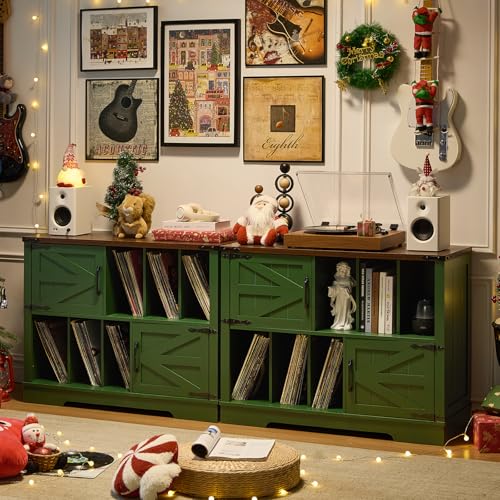 Joaxswe Large Record Player Stand with Vinyl Storage Up to 450 Albums, 39 Inch Farmhouse Wood Green Vinyl Records Storage Cabinet with Barn Doors, Mid-Century Accent Turntable Stand for Living Room Joaxswe