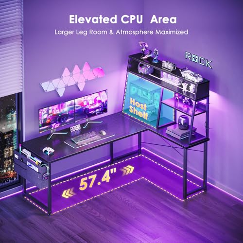AODK L Shaped Gaming Desk with Led Lights, 59 Inch Reversible Gaming Computer Desk with Display Shelves, PC Gamer Desk Gamer Table with Storage Bag, L Desk for Game, Black AODK