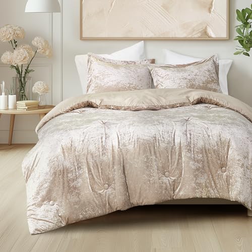 Comfort Spaces Luxe Queen Comforter Set Velvet Comforters for Queen Size Bed, Microfiber Reverse, Juliette, All Season Velvet Bedding Queen Size, Fluffy Bed Set, Sham, Full/Queen, Champagne 3 Piece Comfort Spaces