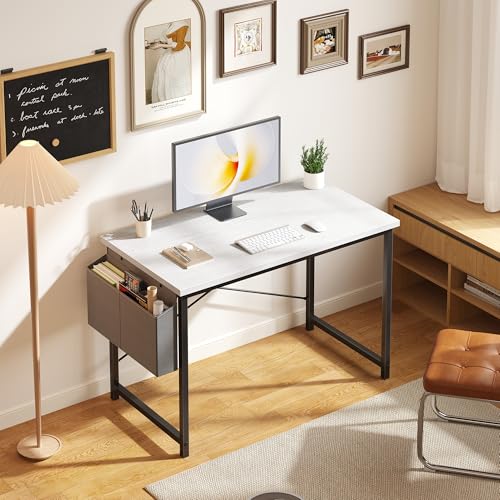 OLIXIS Computer Desk 44 Inch Home Office Desks for Small Spaces, Gaming Writing Study Work Table with Storage Bag for Bedroom, White OLIXIS