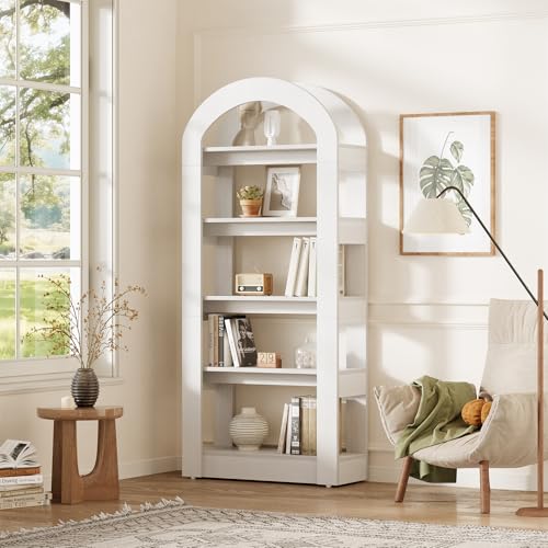 LITTLE TREE 5-Tier Bookshelf, Arch-Shaped Racks, Tall Standing Wooden Bookcase Display Shelf Modern Storage Solution (2, White) LITTLE TREE