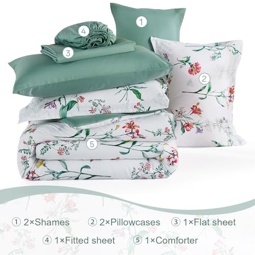 Drucon Comforter Set King Size, 7 Pieces White Green Floral Botanical Comforter Sets, Reversible Bed in a Bag Soft Lightweight Microfiber Bedding Sets for All Seasons (90"x104") Drucon