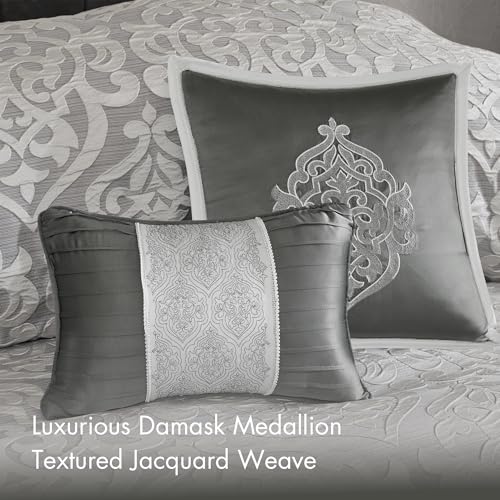 Madison Park Odette Cozy Comforter Set Jacquard Damask Medallion Design - Modern All Season, Down Alternative Bedding, Shams, Decorative Pillows, King(104 in x 92 in), Silver 8 Piece Madison Park