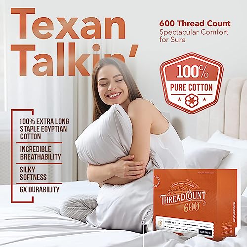 TEXAS LINEN CO. Luxury Egyptian Cotton King Size Sheet Set - 600 Thread Count 4 PC Deep Pocket Fitted and Flat Sheets, Soft, Cooling Extra Long Staple Hotel-Quality Bedding with Sateen Weave - White TEXAS LINEN CO.
