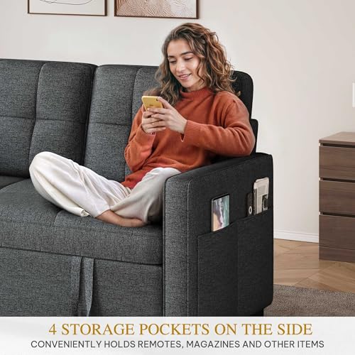YITAHOME 55" Convertible Sofa Bed, 3-in-1 Pullout Sofa, Linen Sleeper Sofa with Reclining Backrest and Side Pocket, Modern Futon Couch for Living Room Bedroom Apartment, Grey YITAHOME