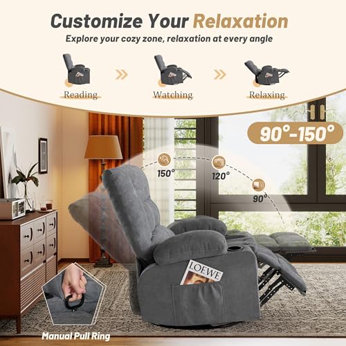 Oversized Swivel Rocker Recliner Chair with Massage & Heat,Recliner Chair for Adults,Ergonomic Relining Chair with Cup Holders,USB Charge Port,Side Pockets,Nursery Rocking Chairs for Living Room,Grey