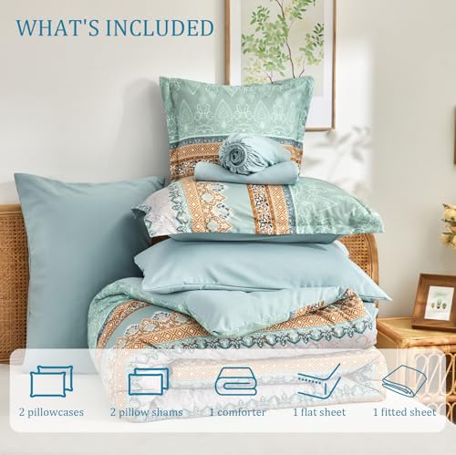 LXWORX Boho Comforter Set Queen - 7 Pieces Bed in a Bag, Bohemian Striped Comforter Set with Sheets, Soft Microfiber Sage Green Floral Bedding Set for All Season LXWORX
