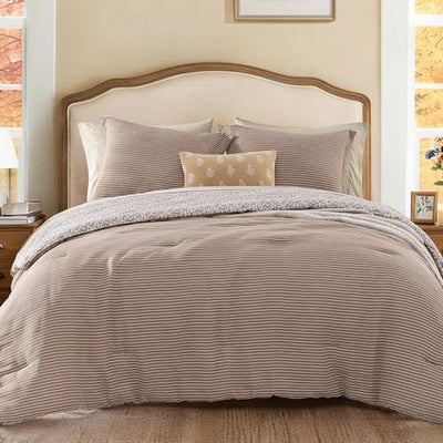 Queen Comforter Set - 7 Pieces Dark Brown Gauze Muslin Bedding Sets for All Seasons, Lightweight Breathable Bed in a Bag Queen with Revesible Farmhouse Comforter, Sheets, Pillowcases & Shams