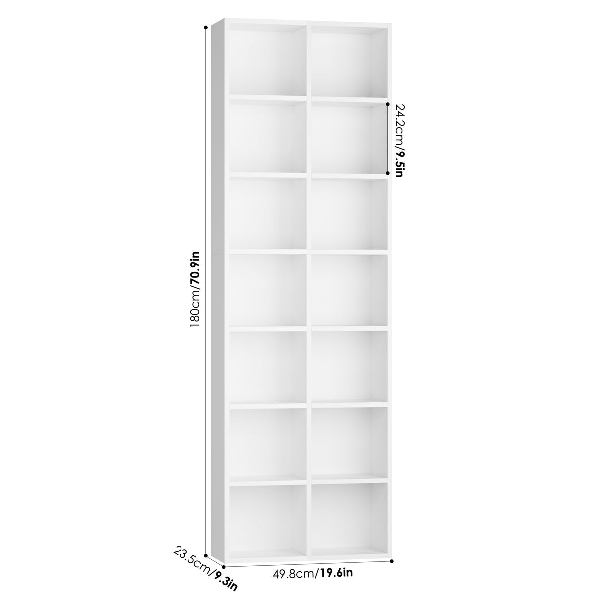 FOTOSOK 71'' Tall Bookshelf, Double Wide Media Tower Rack CD DVD Rack Display Cabinet with Adjustable Shelves, Tall Narrow Bookcase White Bookshelf Cube Shelf for Home Office, White FOTOSOK