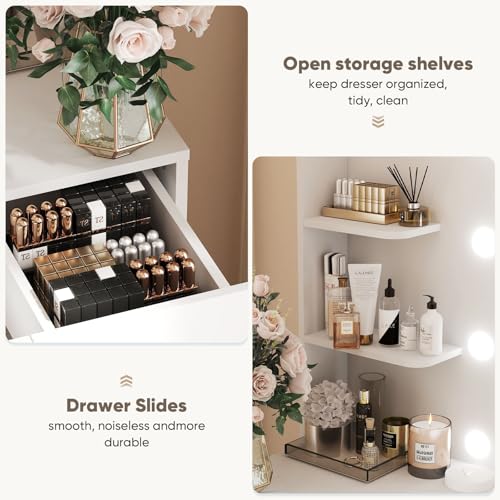 DUMOS Vanity Desk Makeup with Mirror LED Lights, White Table with Power Outlet 3 Drawer, 4 Storage Shelves & 2 Cabinets, 3 Lighting Modes & Adjustable Brightness, Dressing Tables for Bedroom DUMOS