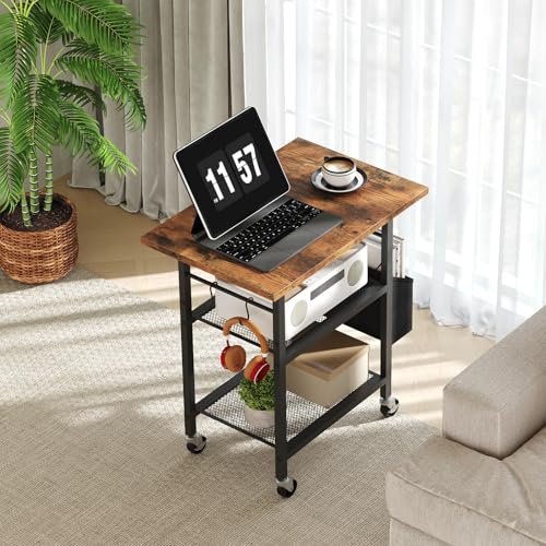 MAHANCRIS 3-Tier Printer Stand, Rolling Printer Table on Wheels, Industrial Storage Stand with Side Pocket, Wooden Tabletop, 2 S-Shaped Hooks, for Home Office, Rustic Brown and Black PTHR2501