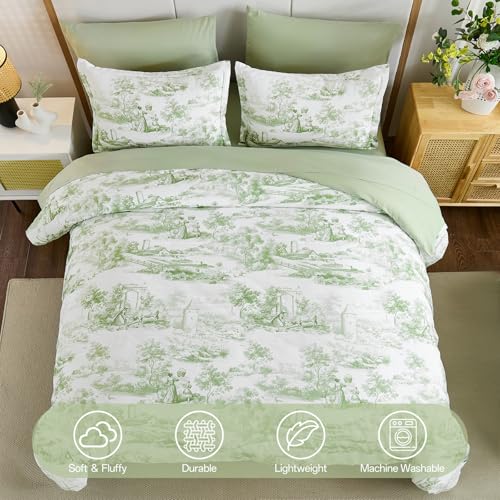 Green Comforter Set Full Size 7 Pieces, Elegant French Toile Botanical Bed in a Bag, Soft Microfiber Farmhouse Complete Bedding Set for All Season WONGS BEDDING