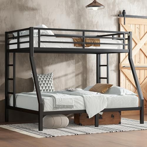 Bellemave Twin Over Full Bunk Bed for Teens, Twin Over Full Bunk Bed Frame with 2 Side Ladder and Full Length Guardrail, Easy Assemble Bunkbeds, Noise Reduced, Mattress Not Included, Black Bellemave