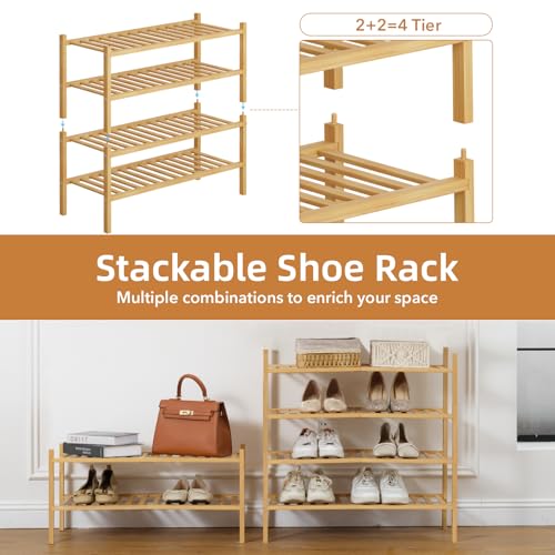 4 Tier Bamboo Shoe Rack Storage Organizer for Closet, Multifunctional Stackable Free Standing Shoe Shelf Organizer for Small Space,Entryway,Hallway,Bathroom 27"x11"x26"(Natural, 4 Tier) Buymoth