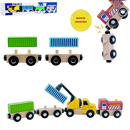 Wooden Trains Cars with Crane Magnetic Train Toys for Wooden Train Tracks Train Sets for Toddlers and Kids Ages 3+ (Crane Train) SAIBURAZ