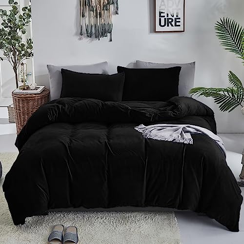 Luxlovery Black Velvet Comforter Set Cal King Men Plush Fluffy Black Bedding Set California King Minimalist Bedding Set Solid Modern Blanket Quilts Winter Warm Flannel Comforter Set Luxlovery