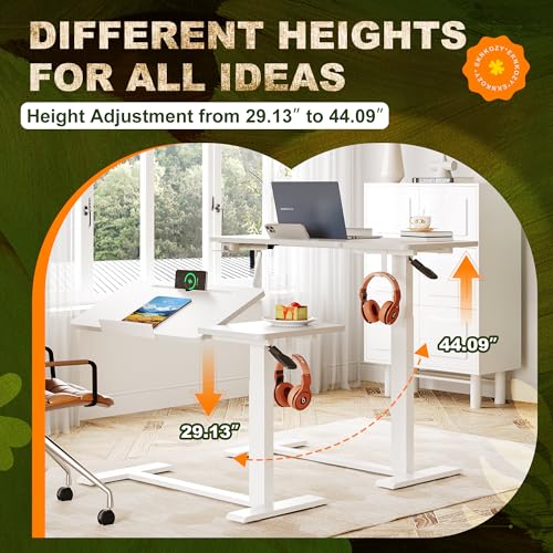 EKNKOZY Standing Desk, Medical Overbed Table with Rolling Tray, Dual Pneumatic Angle and Height Adjustable Desk, Portable Side Table with Hidden Wheels, Home & Hospital Use, White EKNKOZY