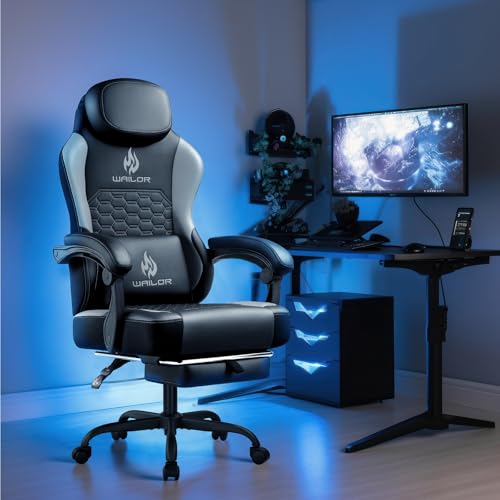 WAILOR Gaming Chair with Massage and Packet Spring Cushion,Ergonomic Gamer Chairs for Adults with Footrest 300lbs,High Back Gamer Leather Chair with Headrest and Lumbar Support WAILOR