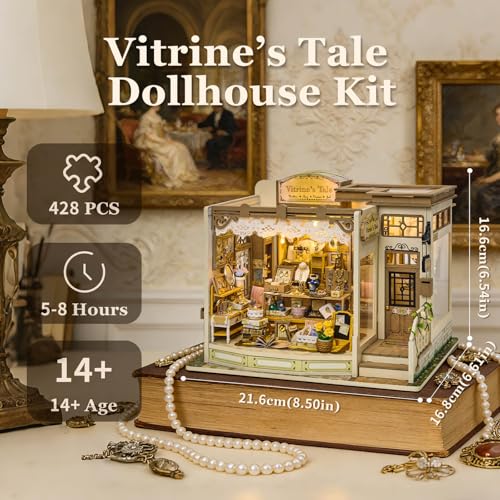 fifijoy DIY Miniature Dollhouse Kit - Jewelry Shop DIY Miniature House Kit for Adults and Teens, 3D Wooden Puzzle Tiny House Model with LED Light, Unique Gift for Family, Friends (Vitrine’s Tale)