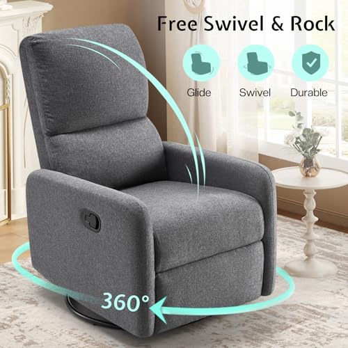 Jocisland Swivel Rocking Chair, Nursery Glider Recliner Chairs for Adults, Rocker for Living Room Bedroom, Comfy Upholstered Modern Nursing Reclining Single Sofa, Grey Linen (No Side Pockets)