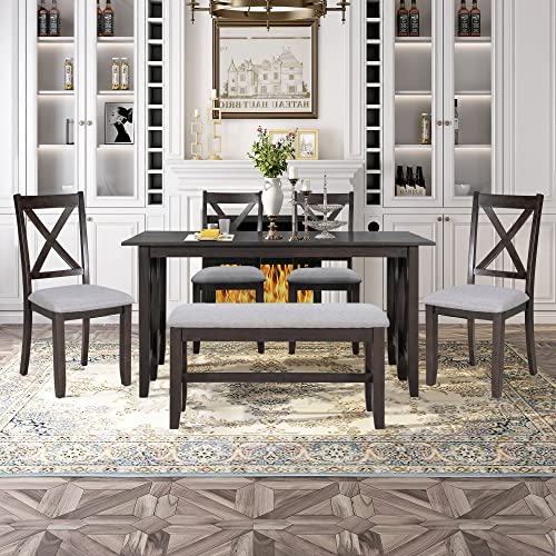 6 Pieces Dining Table Set with Bench, Wood Rectangle Table, 4 Chairs and Bench with Cushion, Kitchen Table Chairs Set for 6 Persons (Espresso) Merax