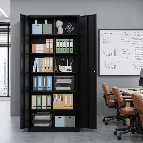 VINGLI Metal Garage Storage Cabinet with 2 Doors and 5 Adjustable Shelves, 71" Tall Steel Lockable File Cabinet, Locking Tool Cabinets for Home Office Garage Gym School (Black) VINGLI
