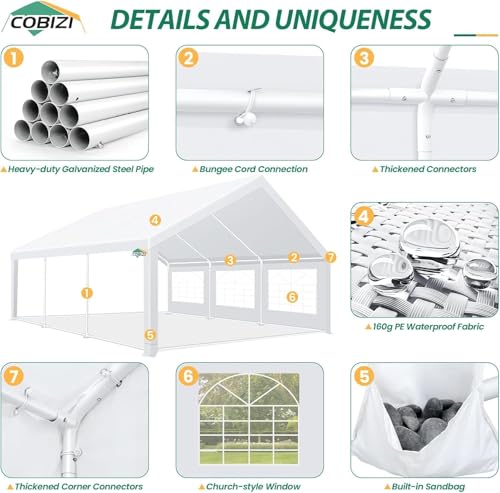 COBIZI 20x20FT Tents for Parties Heavy Duty Canopy, Carpas para Fiestas with 4 Removable Sidewalls with Built-in Sandbag, Waterproof, UV50+, White COBIZI