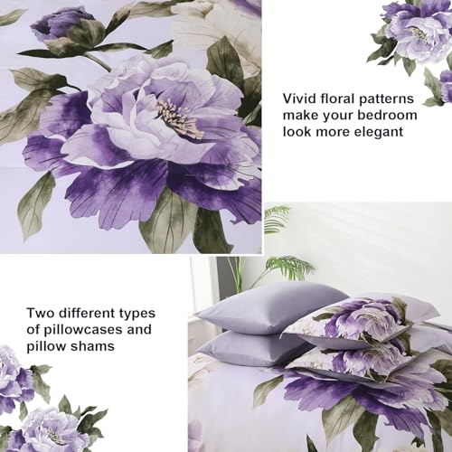 Dobuyly Purple Comforter Set Full Size 7 Piece Bed in a Bag Full, Purple Floral Printed on Light Purple Comforter Set with Sheets, Soft Microfiber Botanical Complete Bedding Set for All Season Dobuyly