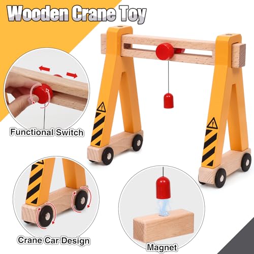Atoylink 15PCS Kids Wooden Construction Toys with Magnetic Train Cars, Gantry Crane Bulldozer Roller Tow Truck Construction Site Vehicles Playset Gifts for 3 4 5 6 Year Old Toddlers Boys Atoylink