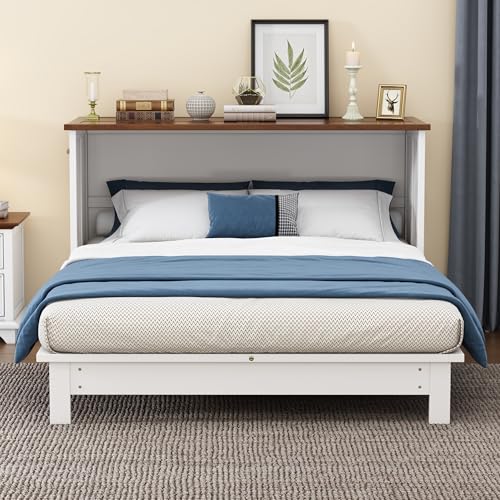 Merax Modern Farmhouse Solid Wood Murphy Cabinet Bed with Storage Drawers, Wall Daybed No Box Spring Needed/Easy Assemble/Full,White+Walnut Merax