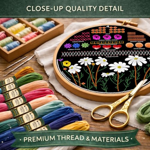 Moni Crafts - Embroidery Kit for Beginners Adults β Learn Embroidery Stitches, Complete Starter Kit with 4 Pre-Printed Patterns (Mushroom & Floral), Threads, Needles & Hoop β Video Tutorials