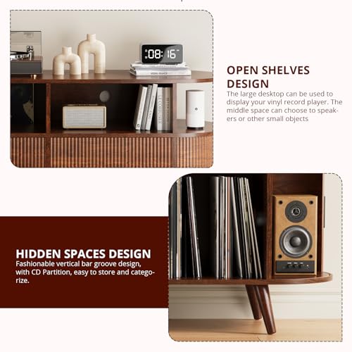 FURSUN 55" Large Round Record Player Stand, Record Storage Cabinet Holds Up 300 Albums with Charging Station & USB Ports, Fluted Modern Turntable Stand for Bedroom, Living Room, Dark Walnut FURSUN