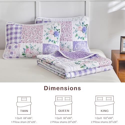 Joyreap 3 Pieces Floral Quilt Set King, Patchwork Purple n Pink Flowers Design, Smooth Soft Microfiber Quilt, Bedspread Bed Cover for All Season, 1 Quilt and 2 Pillow Shams- 102x90 inches Joyreap