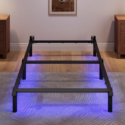 SHOANED Twin Size Bed Frame with LED, 7 Inch Metal Steel Bedframe for Box Spring and Mattress, Heavy Duty Basics Bed Base with Charging Station, Noise Free, Easy Assembly, Black SHOANED